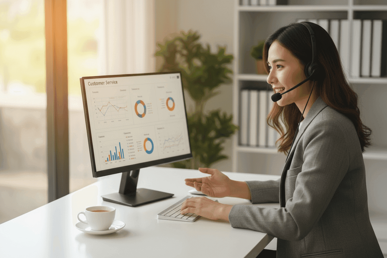 A support agent wearing a headset at her desk