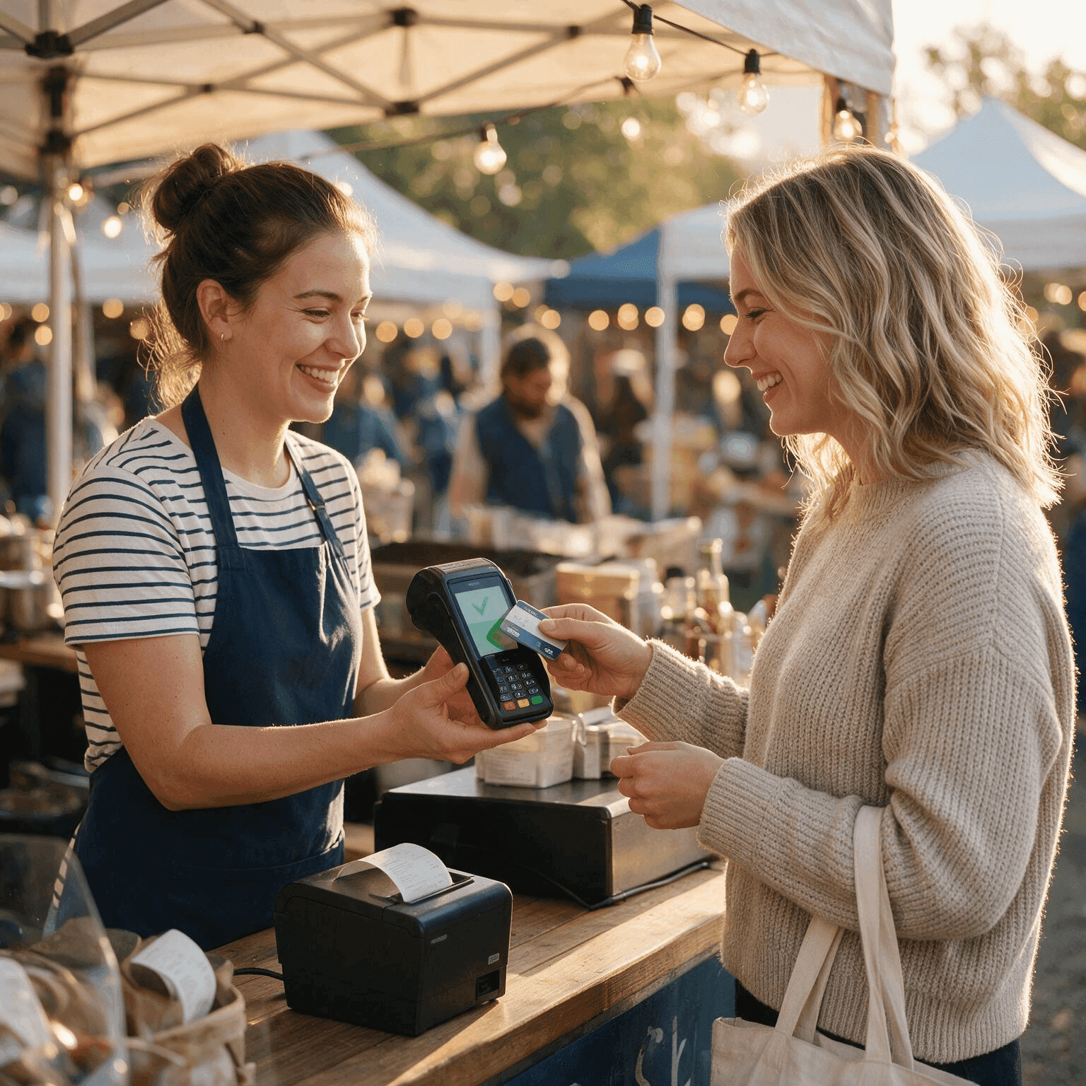 A café worker taking a contactless card payment on a terminal