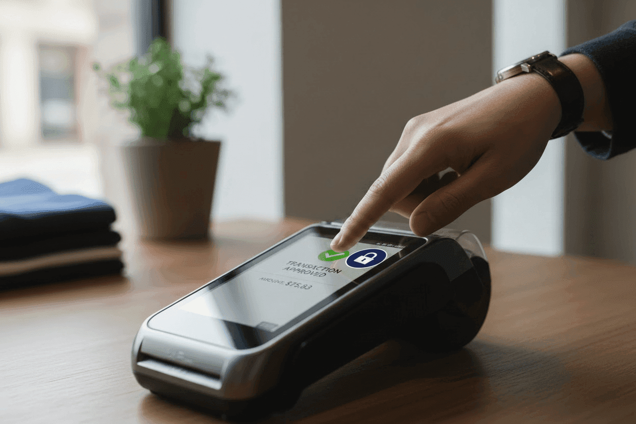 A finger tapping a payment terminal to confirm a transaction