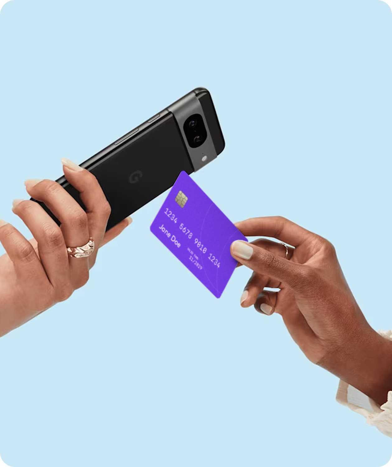Hand tapping a card to the back of an Android phone