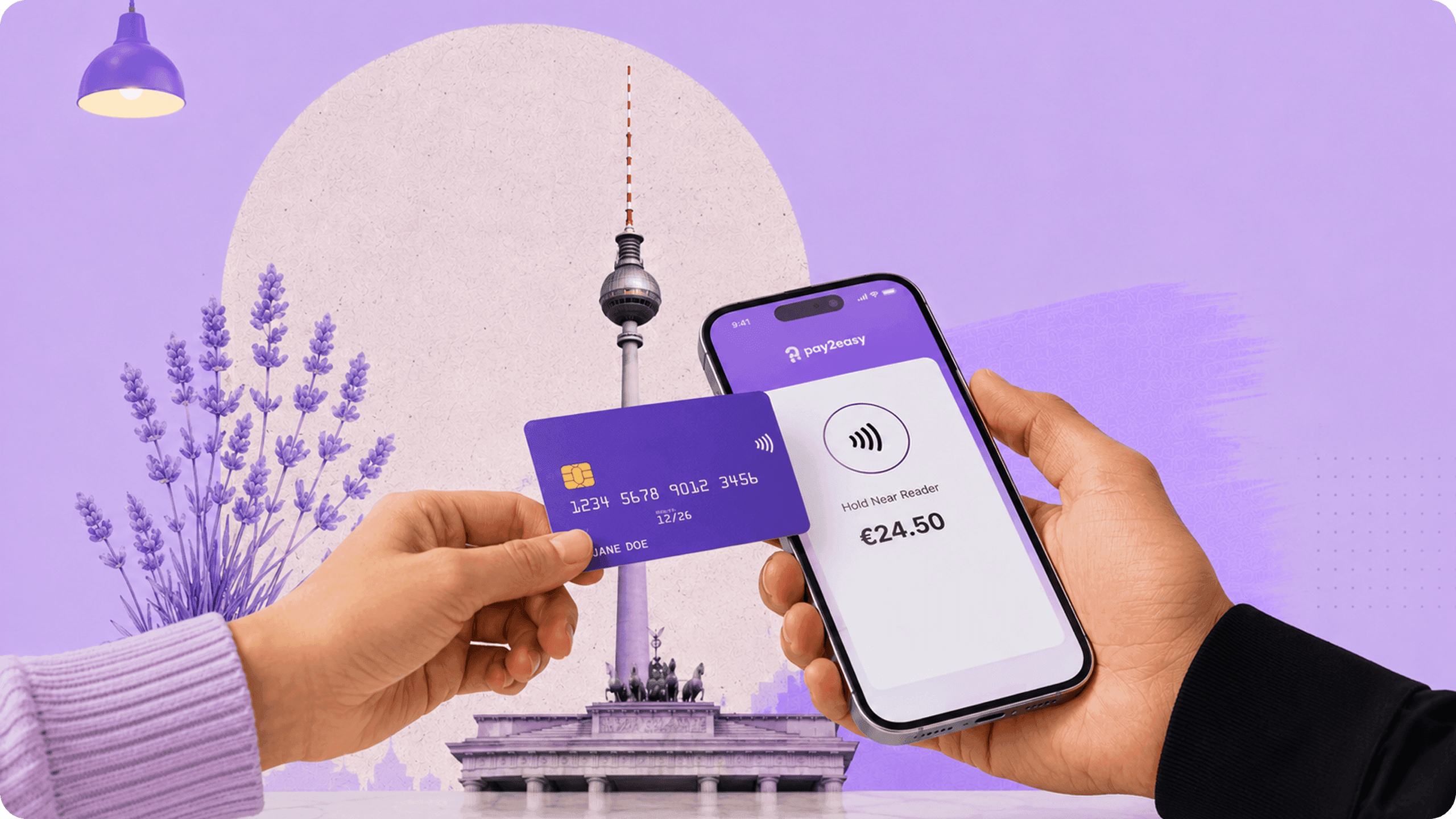A customer tapping a contactless card against a phone running the Pay2easy app to pay