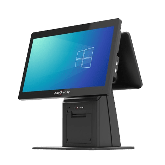 Modernes Kassensystem mit Windows-Betriebssystem auf dem Bildschirm, schwarzes Gehäuse, frontal leicht seitlich
