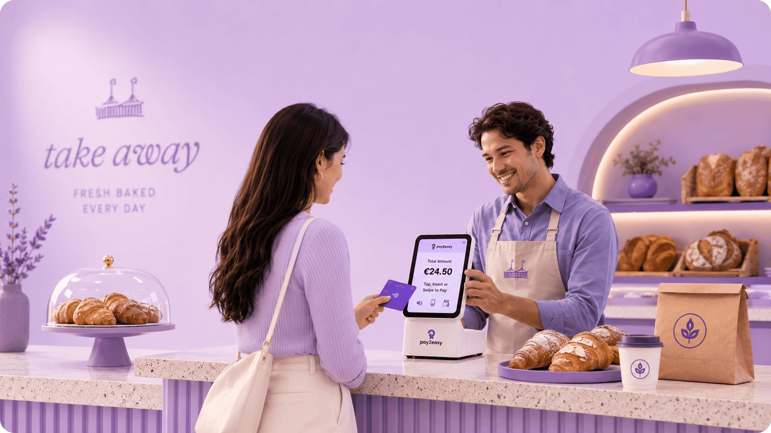 A customer holding out a card to a Pay2Easy terminal showing €24.50 while a smiling bakery employee holds it across the counter