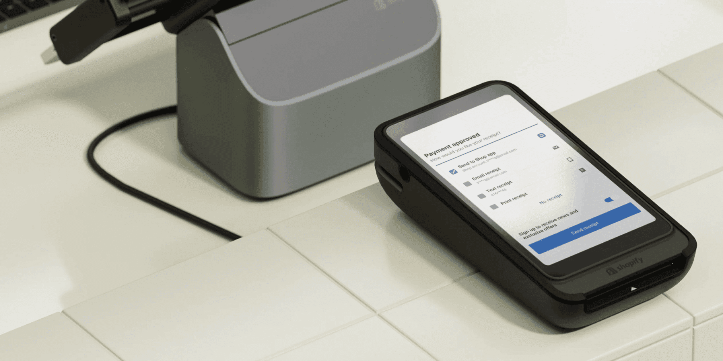 Pay2Easy accessories: tablet stand, scanner, and cash drawer